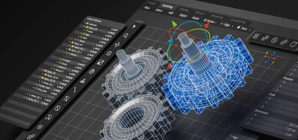 Engineering-Designer entwirft ein 3D-CAD-Software-Programm für ein Industriemotormodell zur mechanischen und dimensionalen digitalen Fertigung in einer Fabrik. Ingenieur am Computer-Bildschirm. 3D-Rendering.